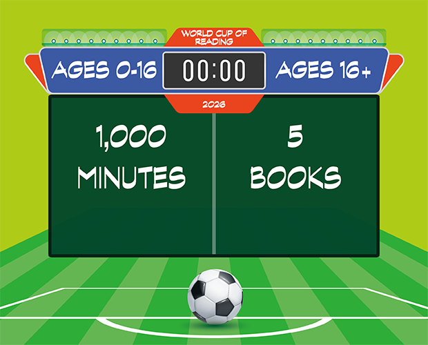 A soccer ball is on a field with a scoreboard showing ages 0-16 1,000 minutes and ages 16 plus 5 books